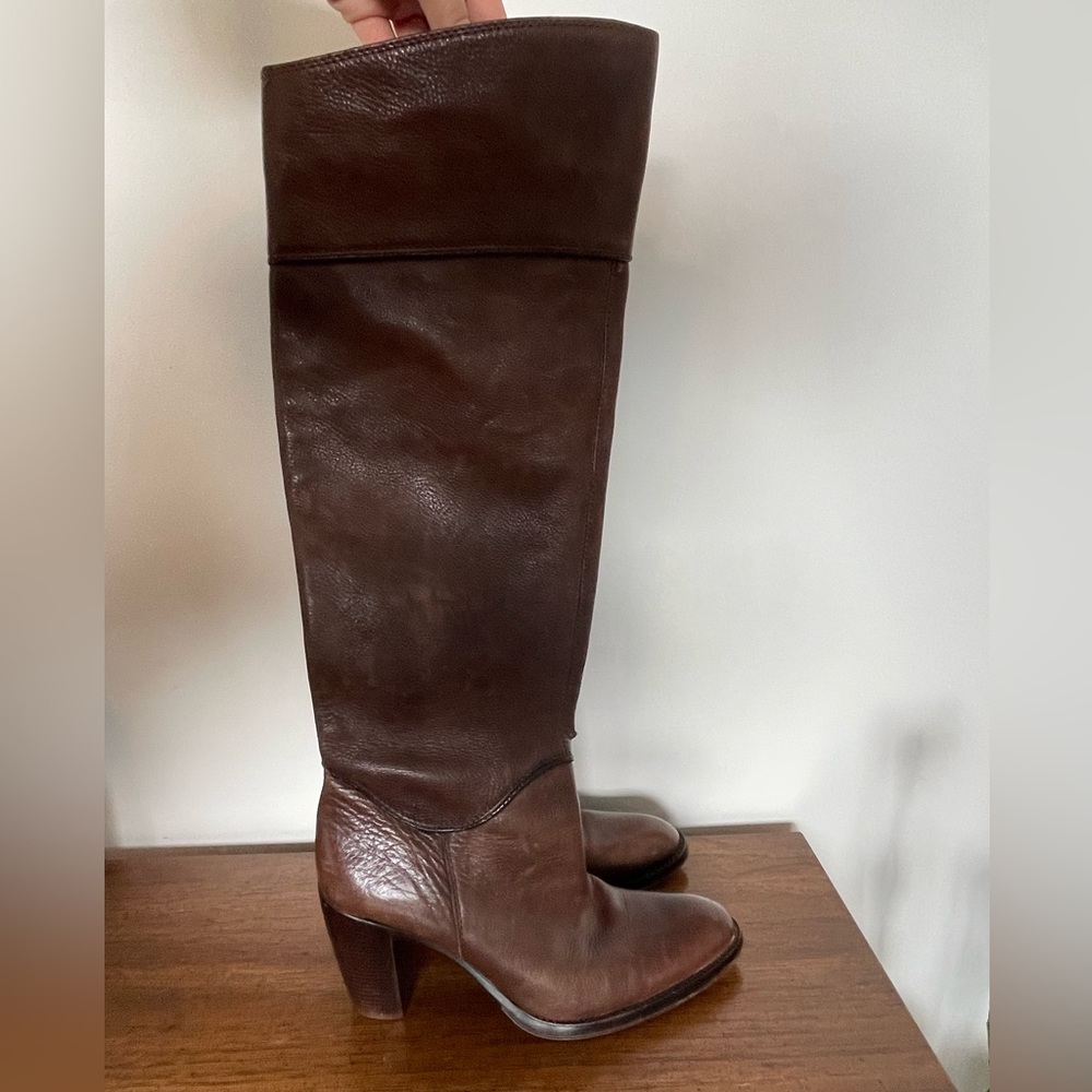 Brown leather heeled boots
